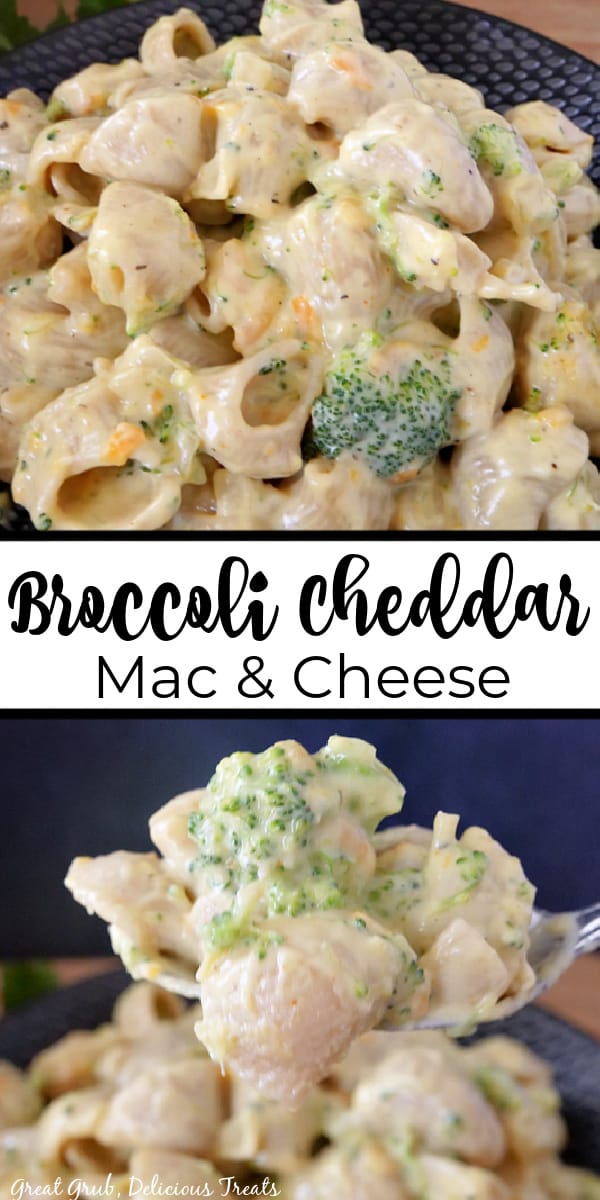 Broccoli Cheddar Mac and Cheese is a creamy, cheesy, and delicious mac and cheese recipe that is loaded with broccoli and shredded carrots. A double photo collage of mac and cheese with broccoli florets.