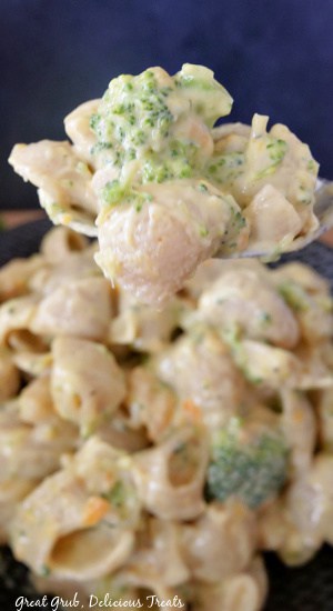Broccoli Cheddar Mac and Cheese is a cheesy, creamy, and delicious pasta recipe that is loaded with broccoli florets and shredded carrots. A big bite of mac and cheese on a spoon.