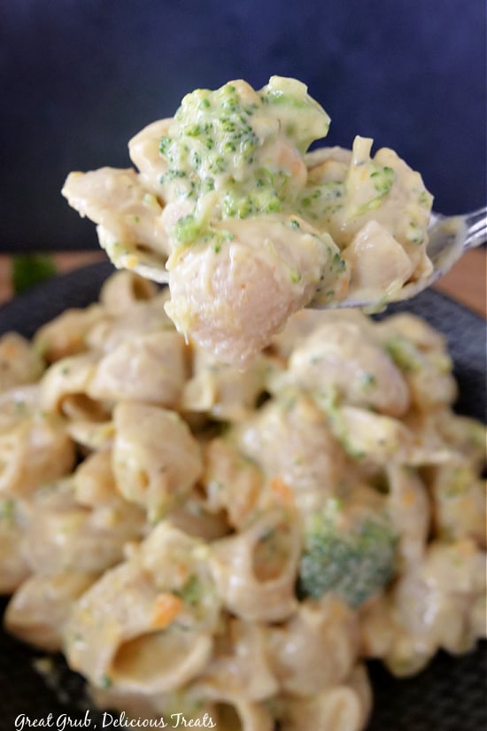 Broccoli Cheddar Mac and Cheese is a great recipe to make as a main meal. A bite of mac and cheese on a spoon.