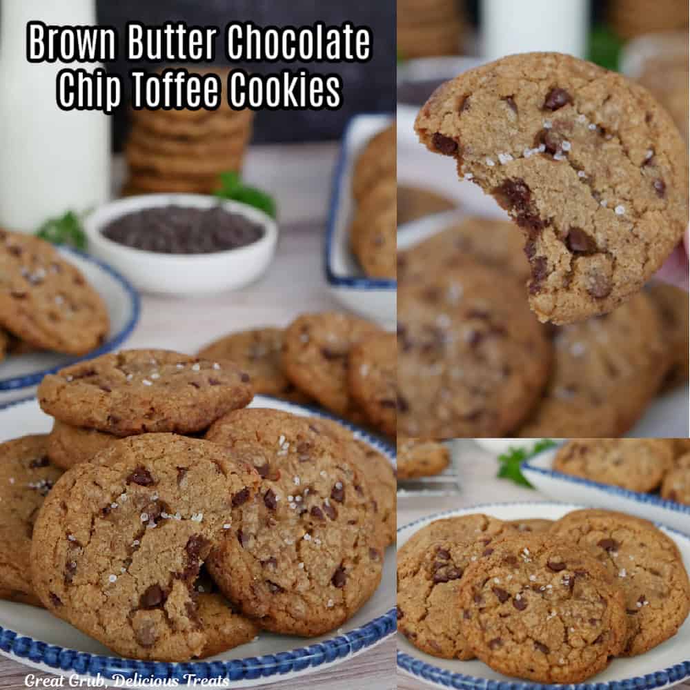 A three collage photo of brown butter toffee chocolate chip cookies.