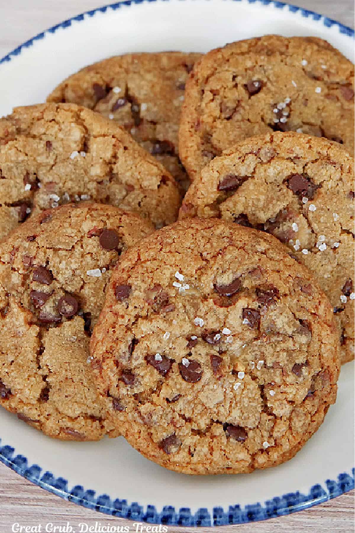 A round white plate with blue trim with six cookies on it.