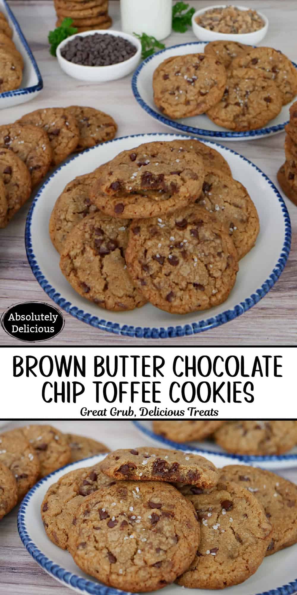 A double collage photo of brown butter chocolate chip toffee cookies with the title in between the two photos.