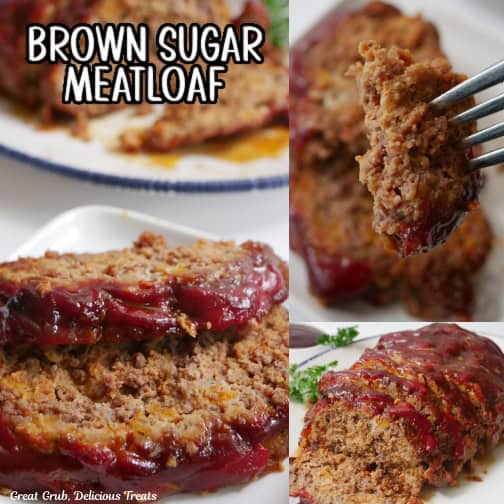 A three collage photo of brown sugar meatloaf with the title in text at the top of the photo.