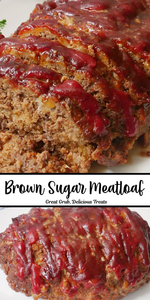 A double collage photo of brown sugar meatloaf with the title in text in the center of the two photos.