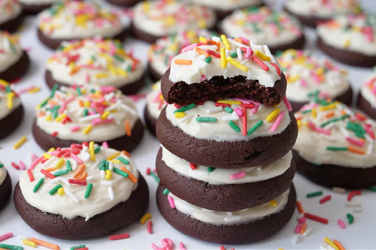 A counter full of cookies.
