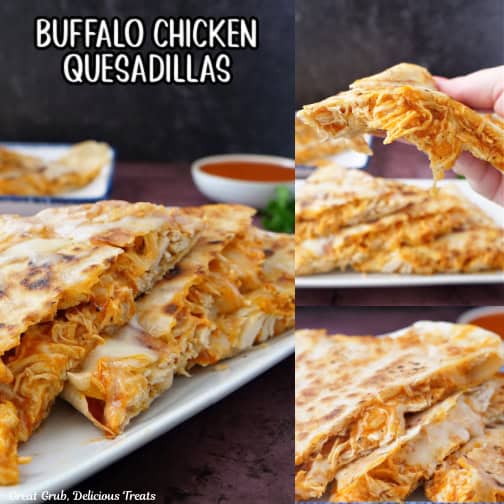 A three photo collage of buffalo chicken quesadillas.
