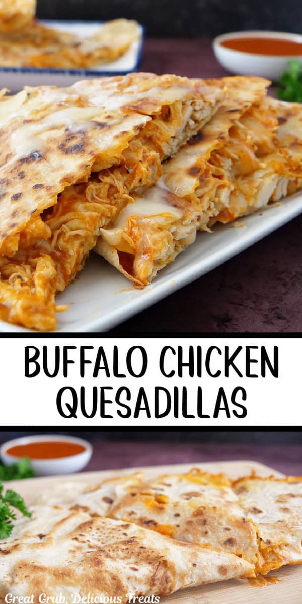 A Double photo collage of pieces of buffalo chicken quesadillas on a white plate.