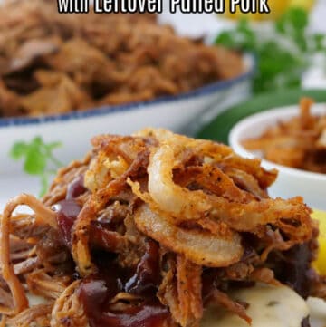 A title over a burger topped with pulled pork on a white plate.