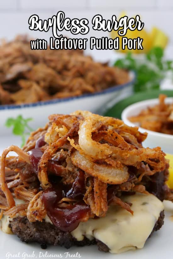 A title over a burger topped with pulled pork on a white plate.