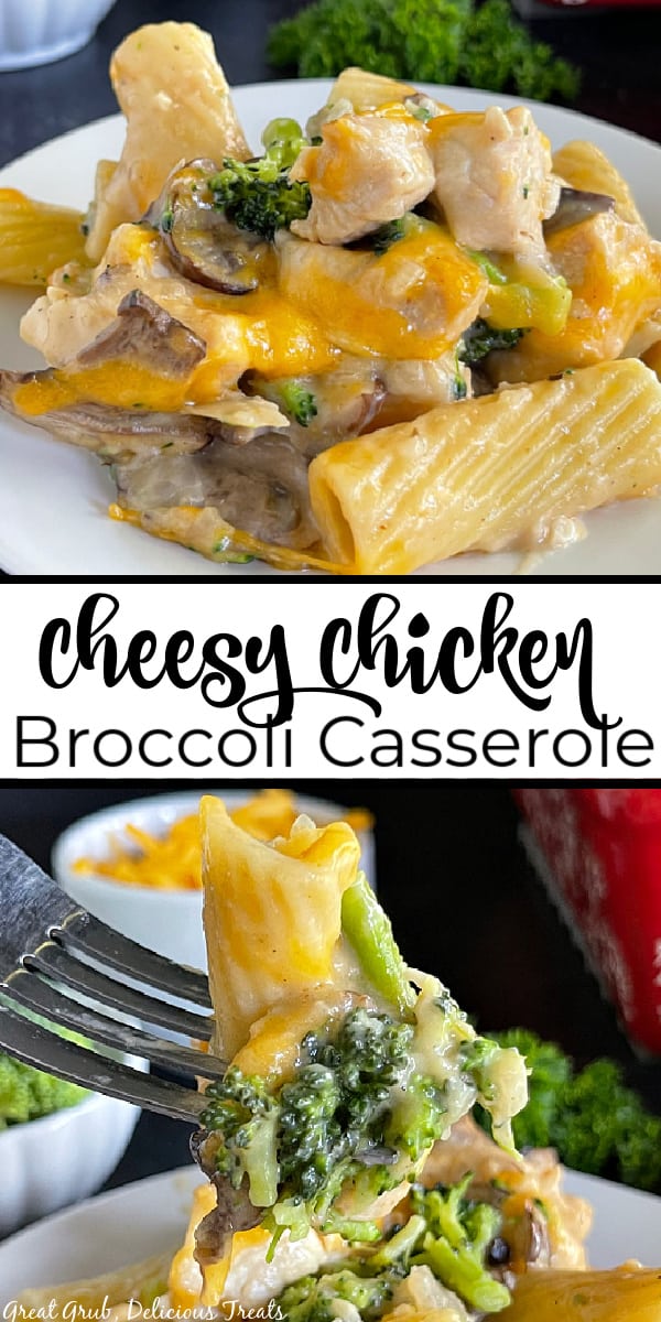 A double collage photo of chicken broccoli casserole with cheese and the title of the recipe in the center.