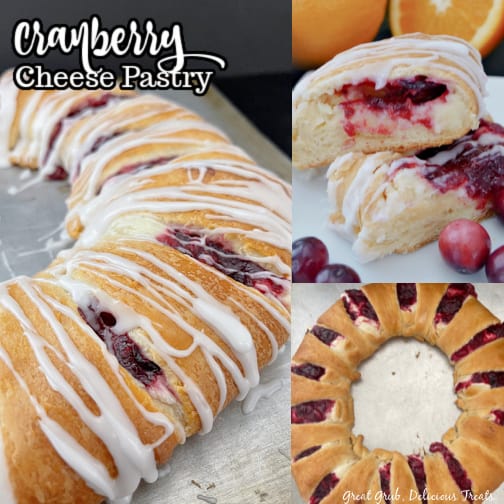 A three photo collage of a pastry ring filled with a cranberry and cream cheese filling.