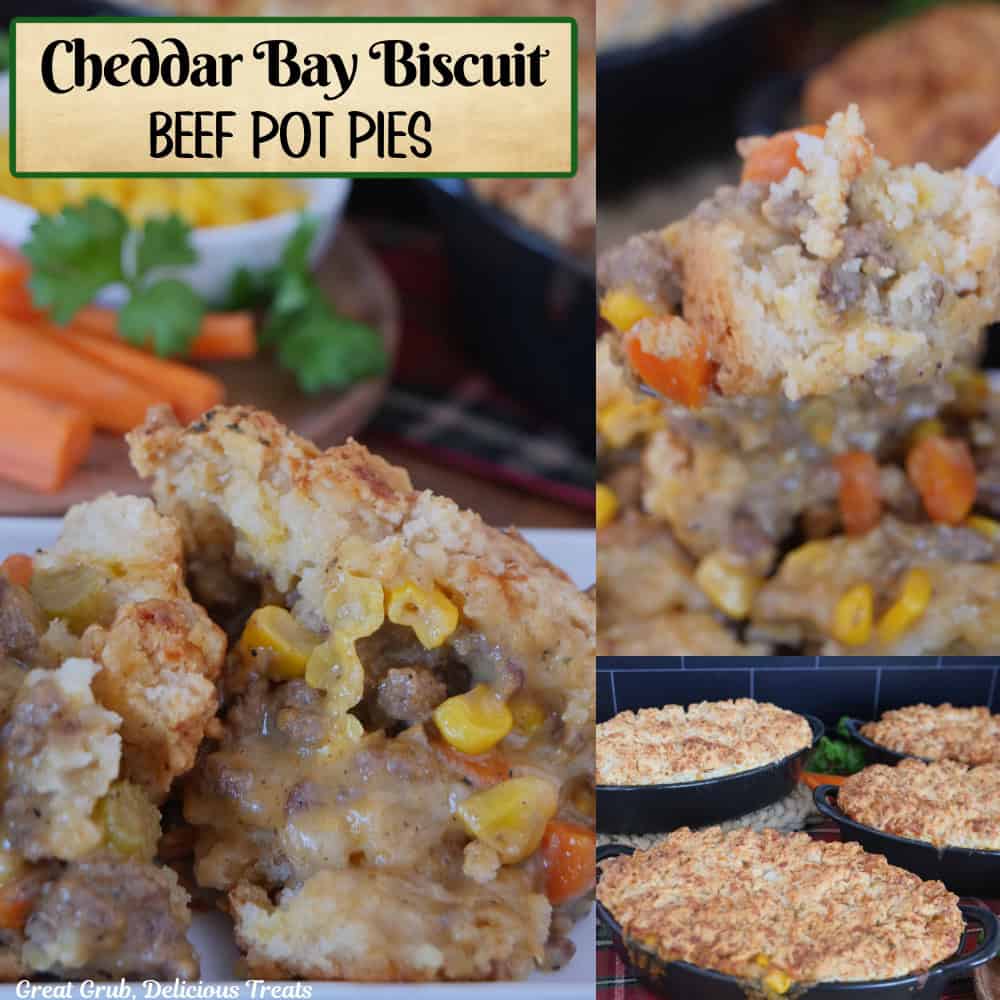 A three collage photo of cheddar bay cheese beef pot pies with the title overlay at the top.
