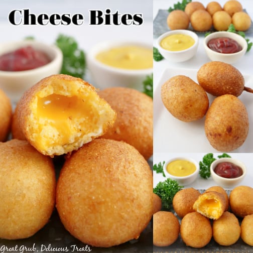 Cheese Bites are a delicious snack, appetizer, or side dish for a potluck. A three photo collage of cheese bites with ketchup and mustard in two small bowls in the background.