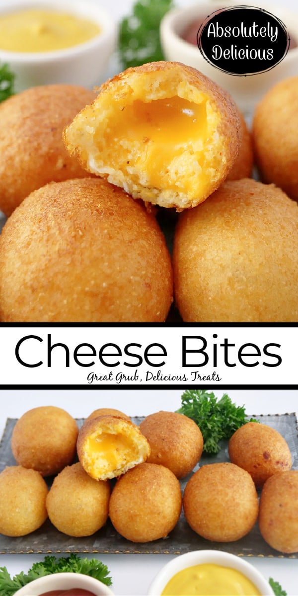Cheese Bites are the perfect recipe to whip up as a snack or appetizer. A double photo of perfectly fried bites.