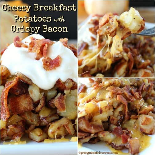 A three photo collage of cheesy breakfast potatoes.