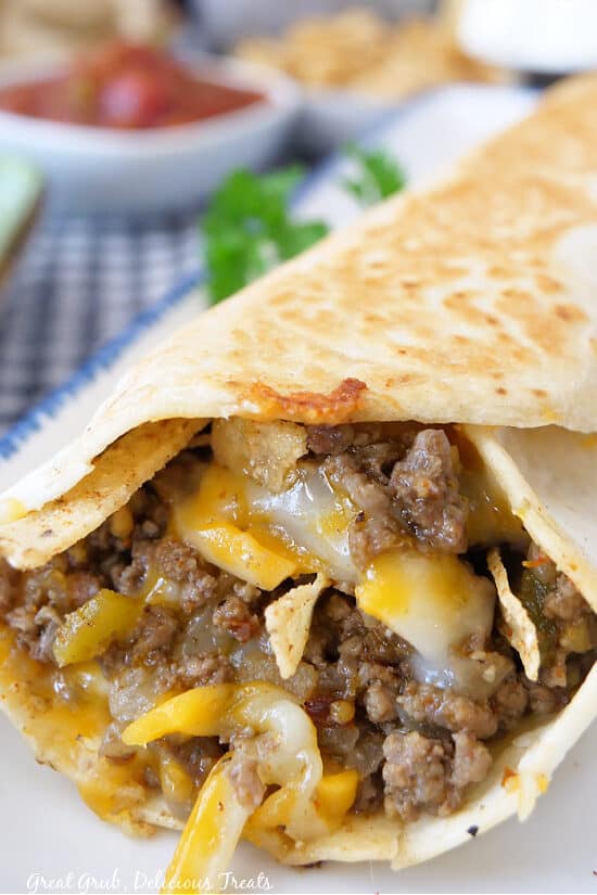 A close up of a beef burrito.