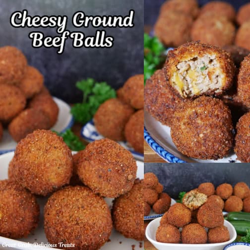 A three collage photo of cheesy ground beef balls with the title of the recipe at the top in text.