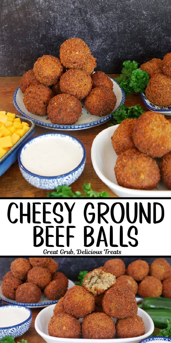 A double collage photo of deep fried ground beef balls on white plates with blue trim.