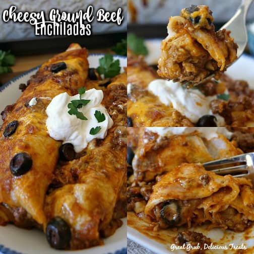 Cheesy Ground Beef Enchiladas are cheesy, loaded with ground beef and smothered in red enchilada sauce. A three collage photo of ground beef enchiladas.