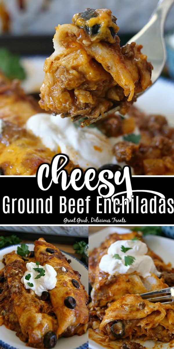 A double collage photo of cheesy ground beef enchiladas with the title of the recipe in text in between the photos.
