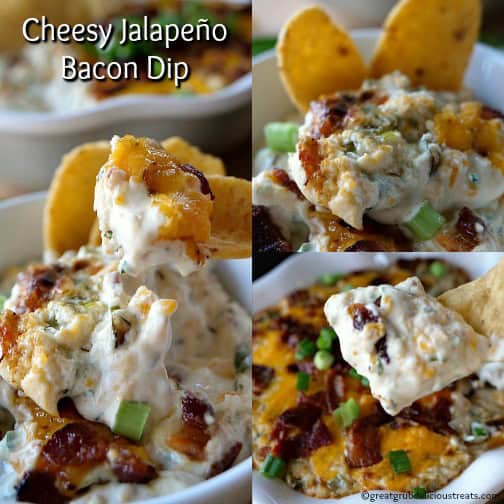 Cheesy Jalapeño Bacon Dip A three photo collage of cheesy jalapeno bacon dip.