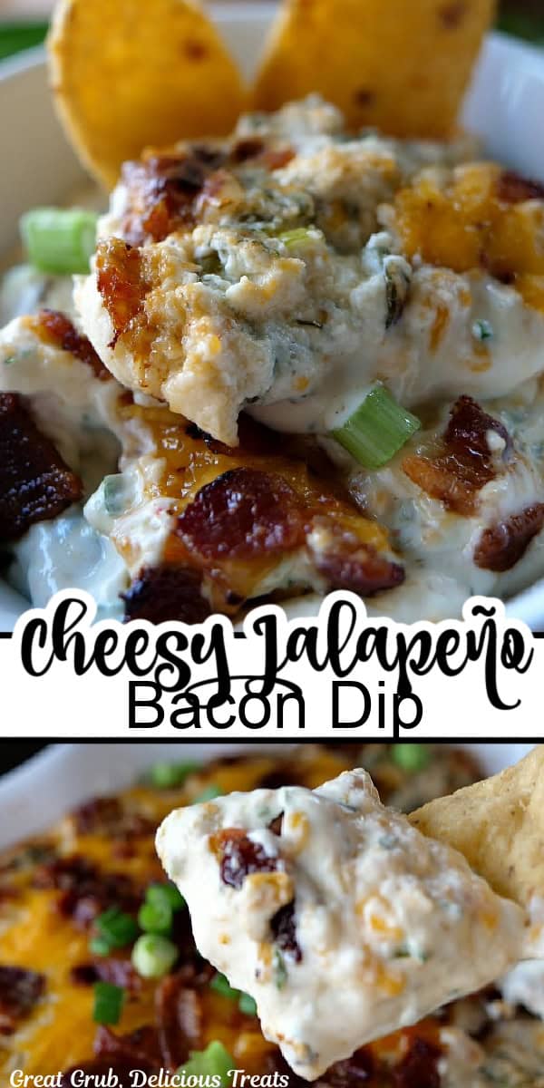 Cheesy Jalapeño Bacon Dip A double collage photo of cheesy jalapeno bacon dip with the title of the recipe in the center of the two photos.