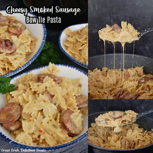 A three collage photo of cheesy smoked sausage bow tie pasta with the title in text at the top.