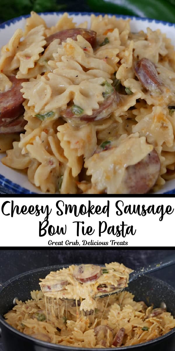 A double collage photo of cheesy sausage bow tie pasta with the title of the recipe in text between the two photos.
