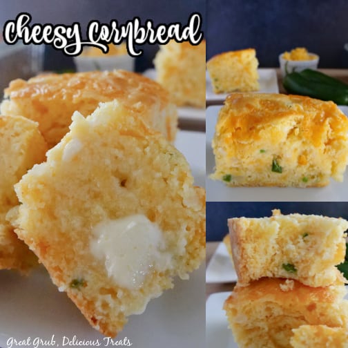 Cheesy Cornbread uses boxed cornbread mix, but adds a few extra ingredients that make it absolutely delicious. A three photo collage of cheesy cornbread on a white plate with jalapeno and shredded cheddar cheese in the background.