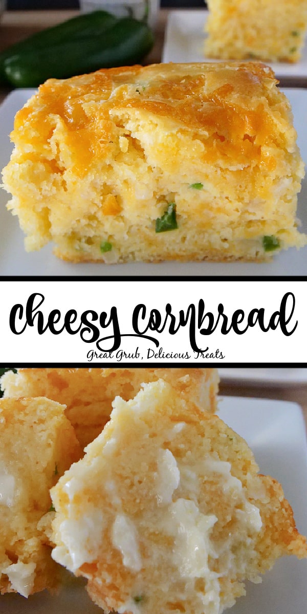 Cheesy Cornbread is a great way to switch up a typical cornbread recipe. A double photo collage of cheesy cornbread that is loaded with diced jalapenos and lathered in butter.