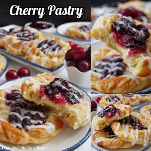 A three photo collage of cherry pastries on white plates with blue trim.