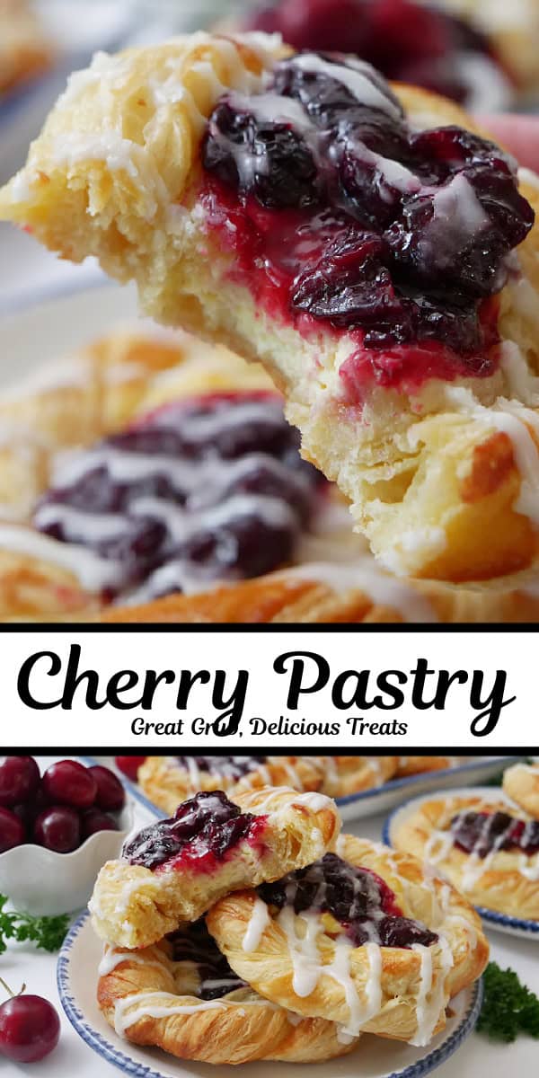 A double photo collage of cherry cream cheese pastries.