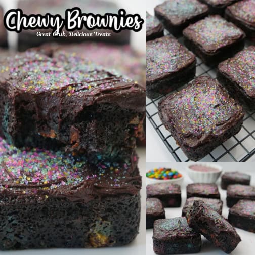 Three photo collage of chocolate brownies with frosting and candy sprinkles on them.