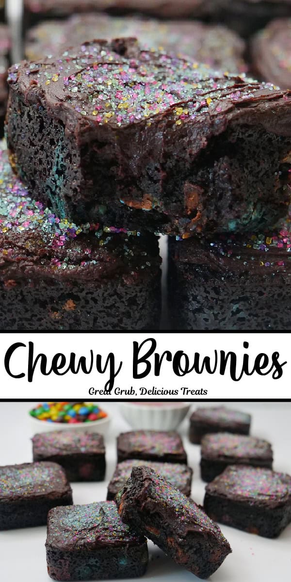 Two photos of brownies with frosting and candy sprinkles on top with the title in text in the center of both photos.