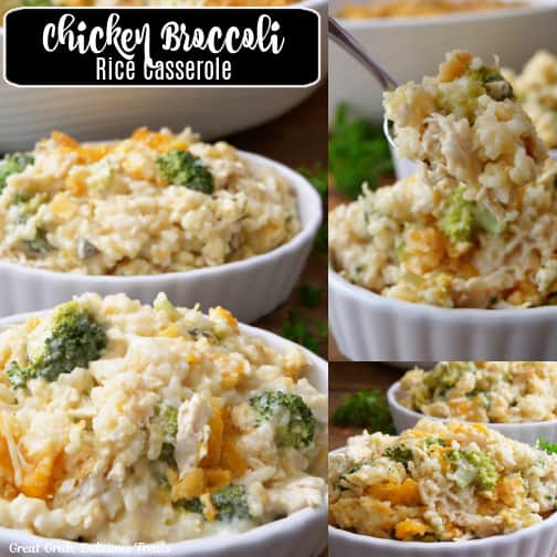 A three collage photo of chicken broccoli rice casserole.