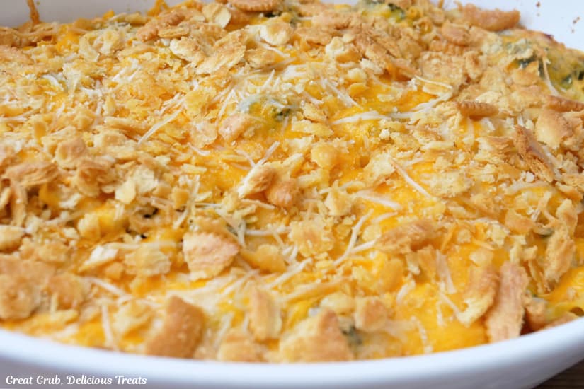 A horizontal photo of a casserole dish filled with a casserole recipe that was just removed from the oven.