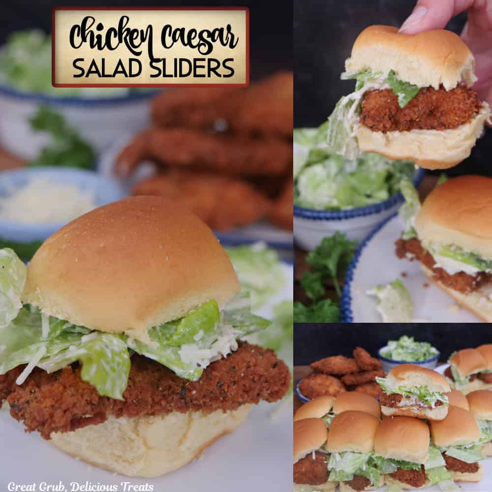 A three collage photo of chicken Caesar salad sliders with a title overlay at the top.
