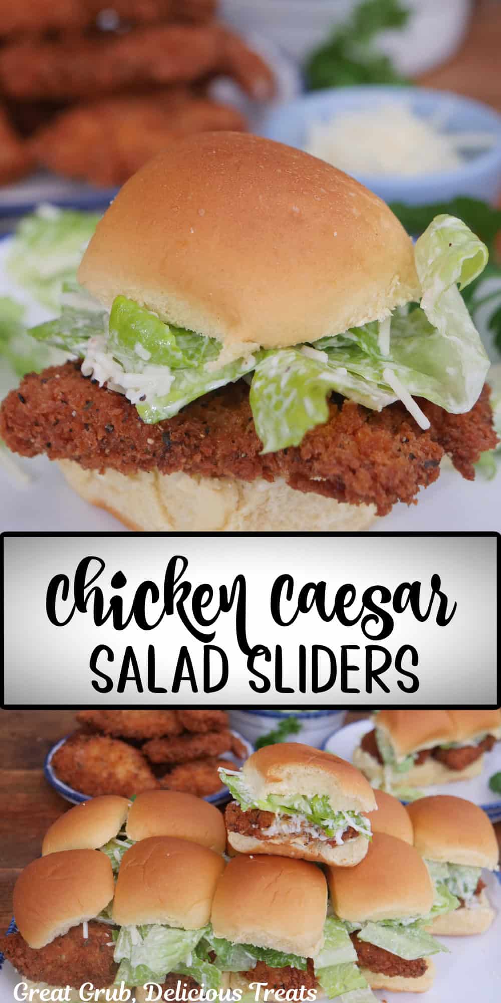 A double photo collage of chicken Caesar salad sliders with a title overlay in the center.