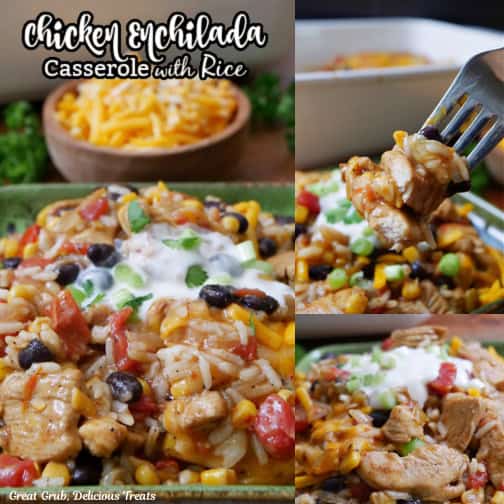 A three collage photo of chicken, rice, cheese, corn, beans, on a green plate.