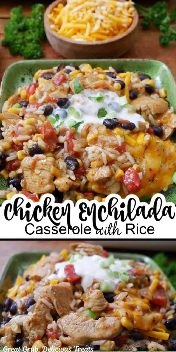 A double collage photo of chicken enchilada casserole with rice.