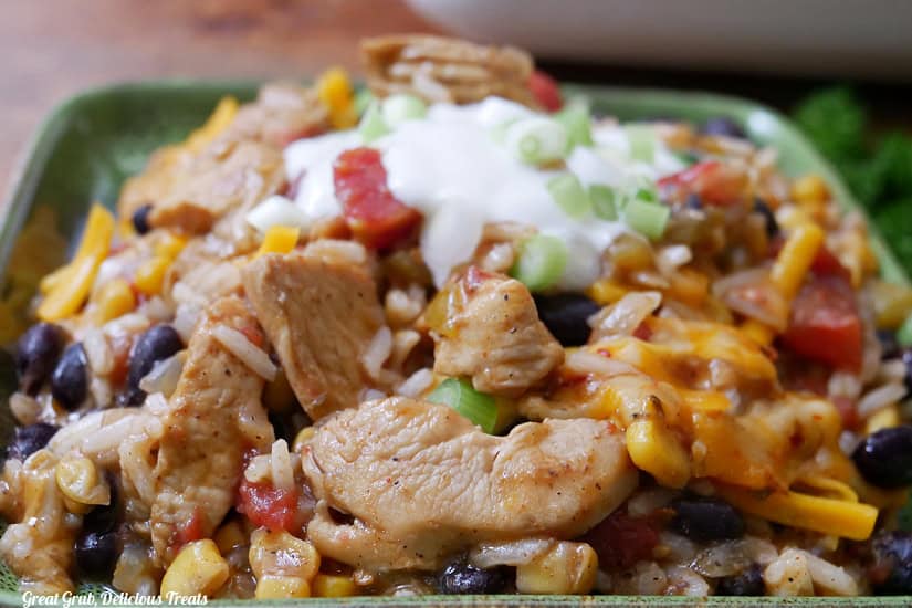 A horizontal photo of sliced chicken, rice, cheese, corn, beans on a square green plate.