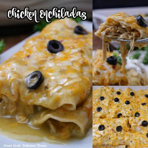 A white plate and white baking dish with chicken enchiladas, and a bite on a fork.