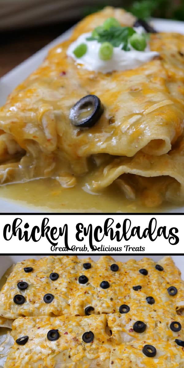 Cheesy chicken enchiladas with in a white baking dish, and on a white plate.