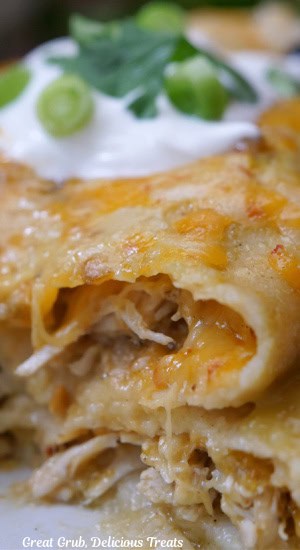 Two chicken enchiladas with sour cream on top placed on a white plate.