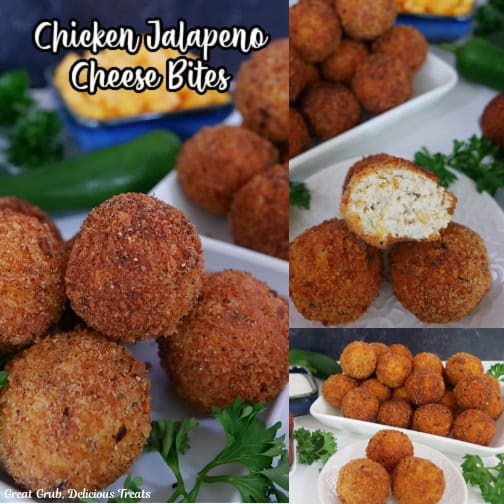 A three collage photo of deep fried chicken jalapeno bites on white plates with the title of the recipe in text at the top of the photo.