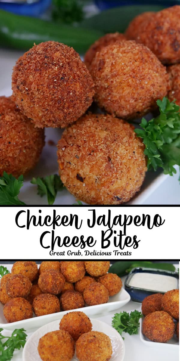 A double collate photo of chicken bites with the title of the recipe in the center of the two photos.