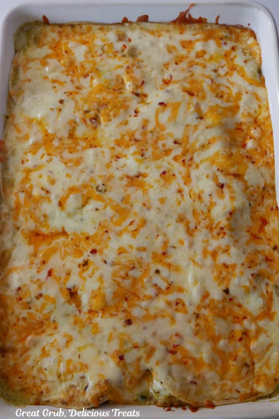 A white baking dish filled with chicken poblano enchilada casserole after being removed from the oven.