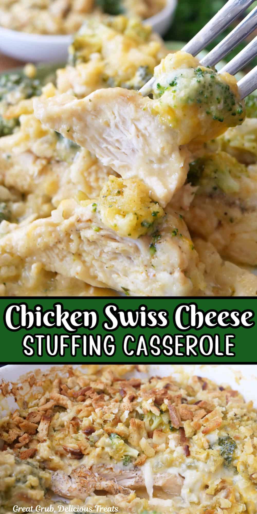 A two photo collage of chicken swiss cheese stuffing casserole with the title overlay at the top.