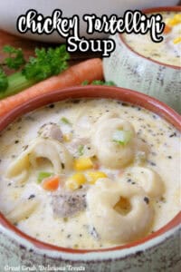 A close up of a soup bowl filled with a serving of chicken tortellini soup.