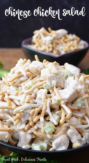 A black bowl with Chinese Chicken Salad in it.